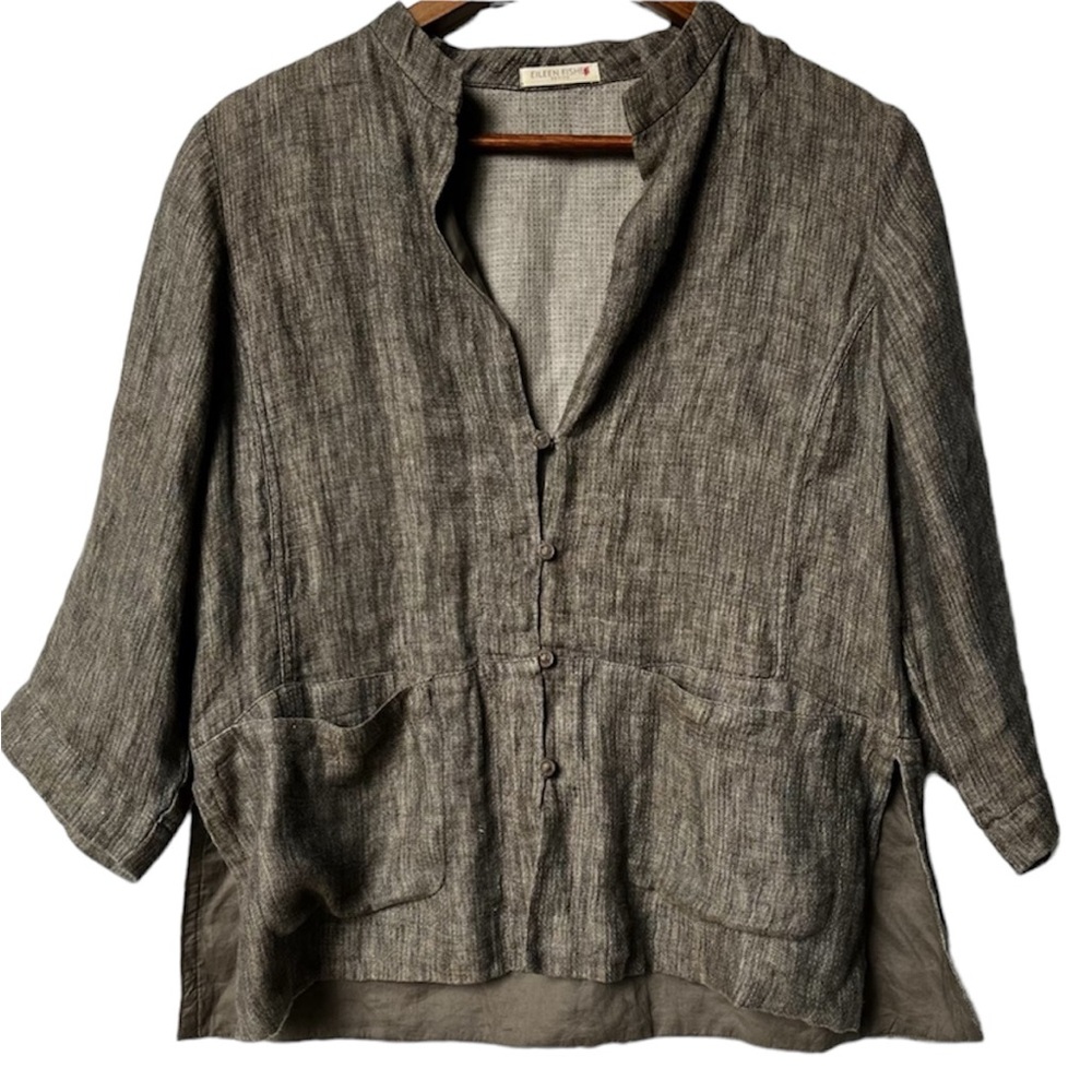 Eileen Fisher Gray Linen-Blend Button Front Jacket